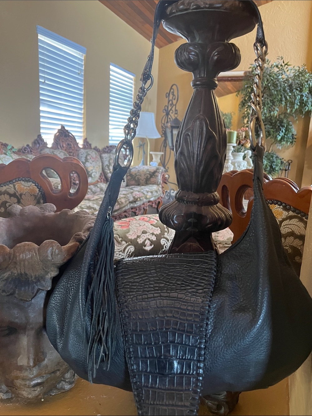 Vintage Carlos Falchi Black Boho Shoulder Leather Bag with Chain Strap.